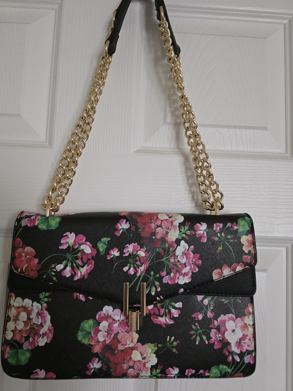 Floral Chain Strap Shoulder Bag Black Pink Flower Print Purse